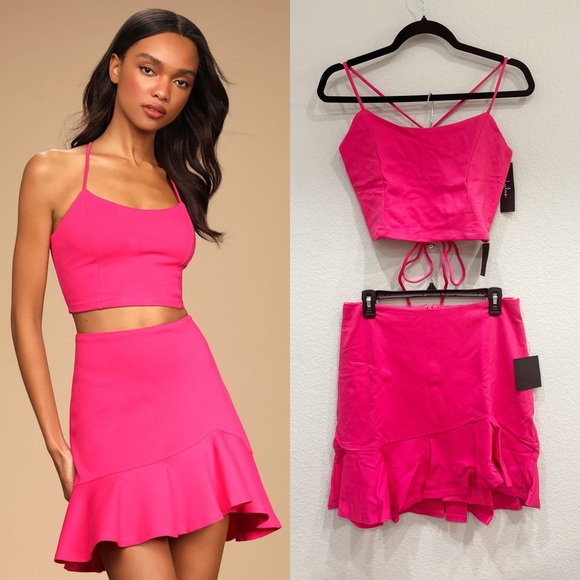 NWT Lulus Catch My Eye Hot Pink Two-Piece Lace-Up Mini Dress - Picture 1 of 10